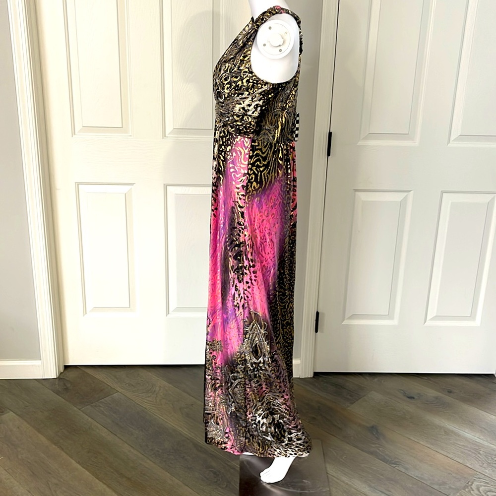 NWOT Pink/Gold Leopard Metallic DeepV Print Racer-Back Basque Waist Maxi Dress-S - Picture 2 of 8